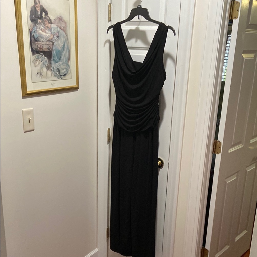 R&M Richards Black Ruched Maxi Jumpsuit Cowl Neck